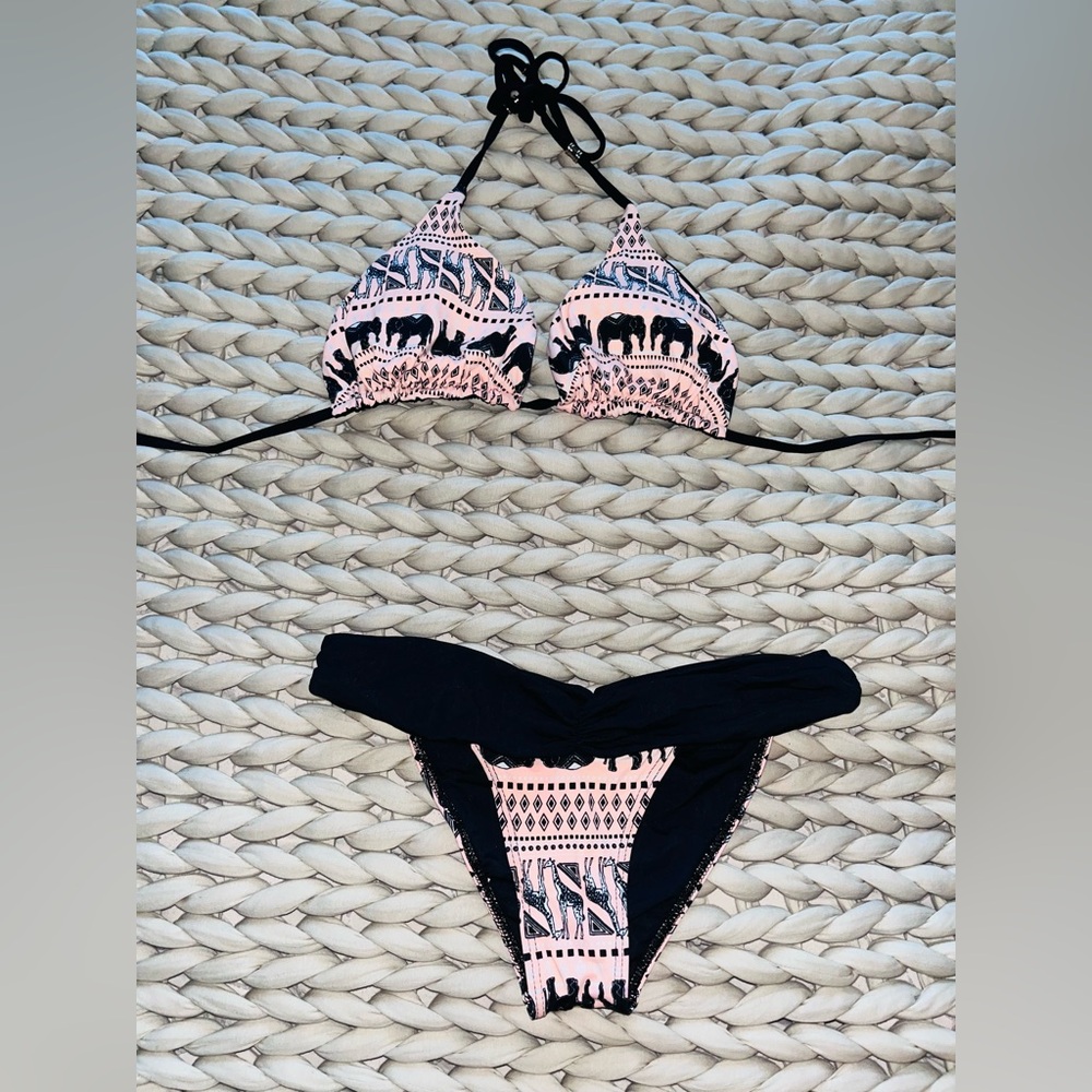 Guria Brazillian Boho Swimwear Pink and Black Elephant Print Bikini Set - Picture 4 of 12
